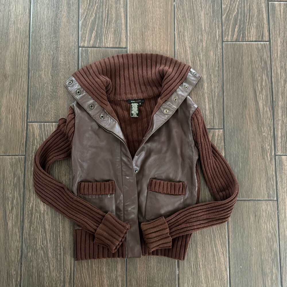 Woman’s BCBG sweater & leather jacket. Brown size Small